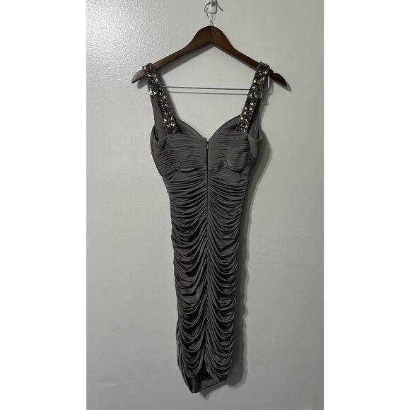 Cache Women Gray Ruche Sweetheart Neckline beaded Bodycon Dress Sz 2 Cocktail - Picture 10 of 15